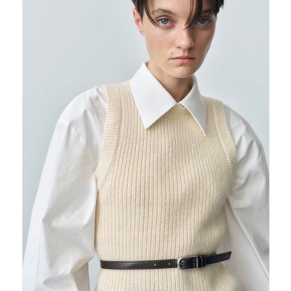 Mango MNG Womens Ribbed Knit Sleeveless Sweater Vest Cream Beige | Size Small